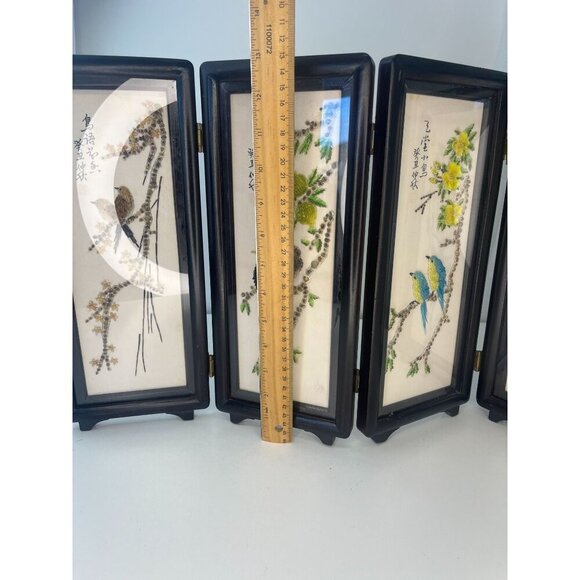 Japanese Asian 4 Panel Folding Screen Art Table Top Wall Hanging Shell Art Birds - Picture 10 of 12